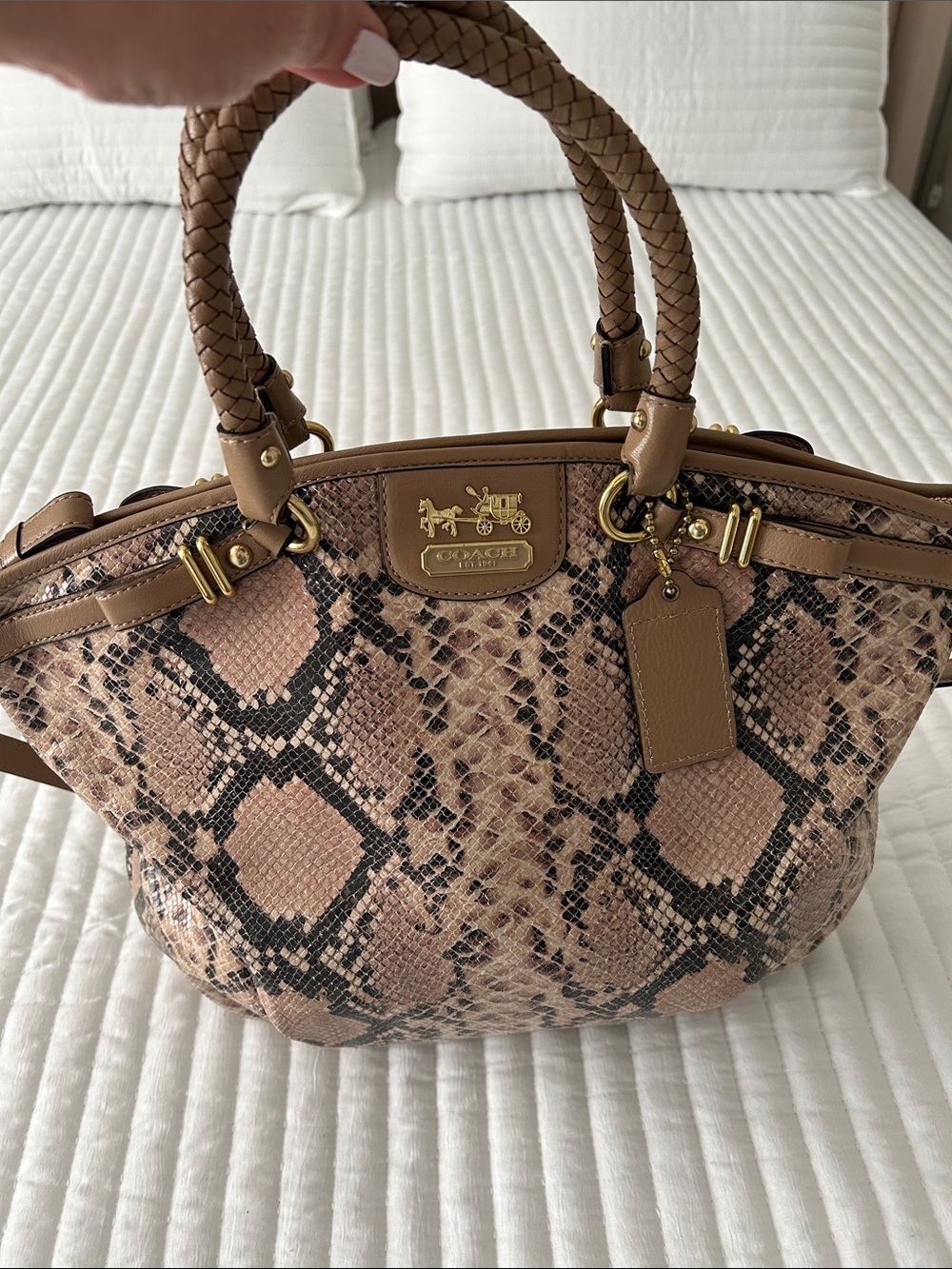 Coach Pink Snake-Print Satchel with Tan Trim